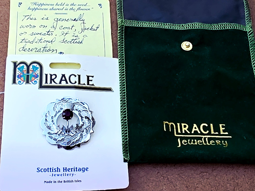 New Vintage 1 1/2" Miracle Purple Rhinestone Thistle Brooch with Papers in Pouch